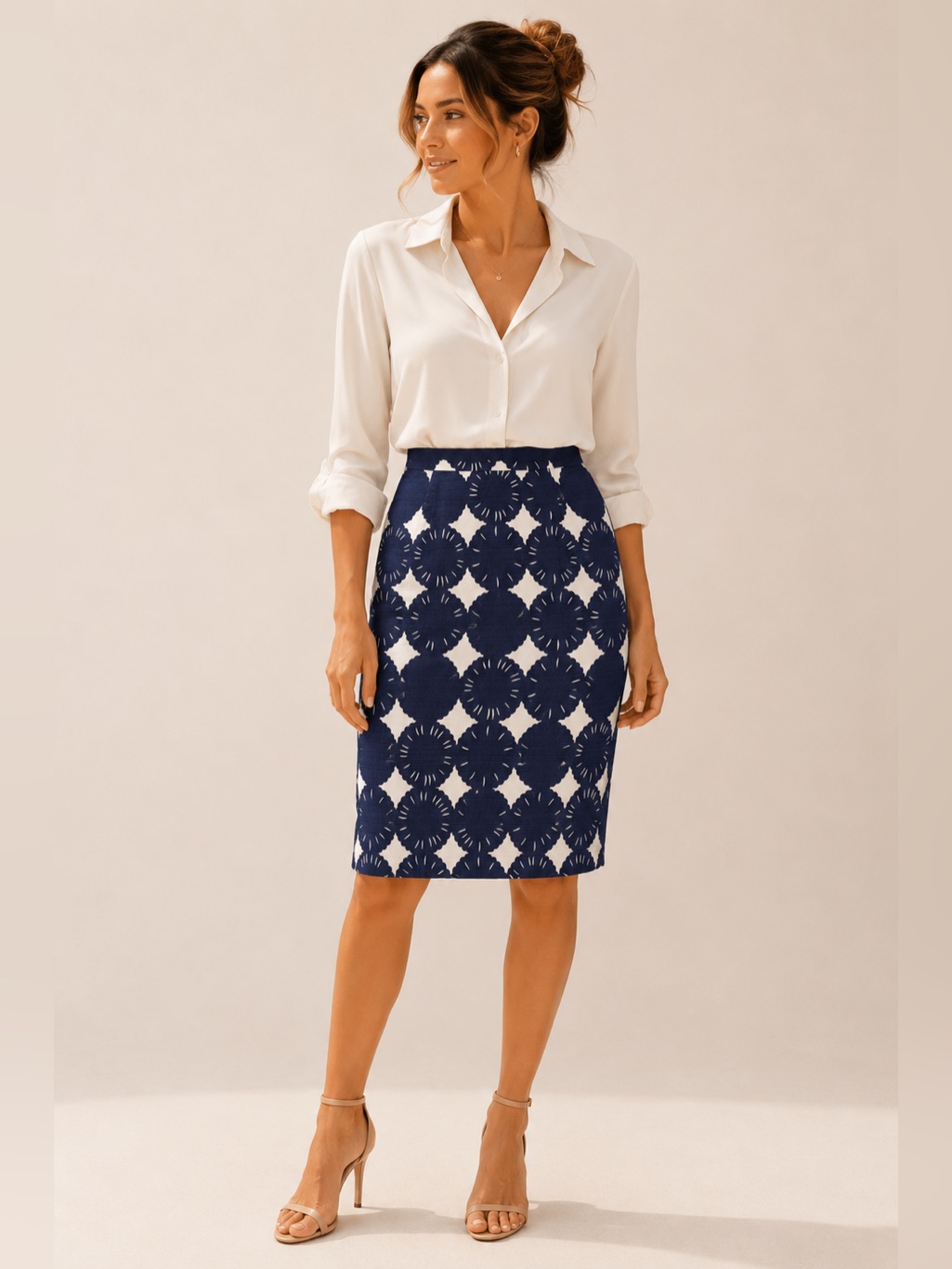 Boden Blue White Floral Circle Print Pencil Skirt Size 8r Lined
